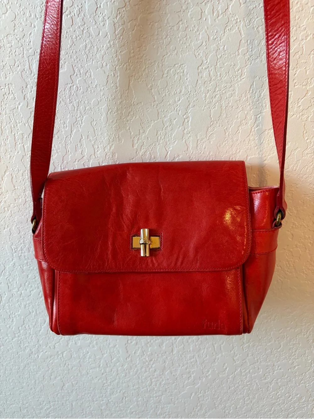 Vintage FURLA Red Leather Crossbody Bag Made in Italy Turnlock Shoulder Purse